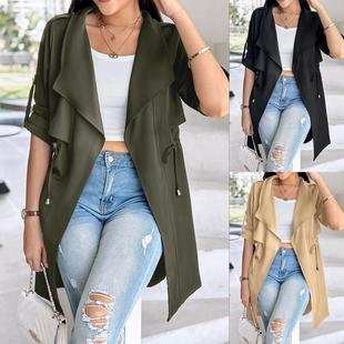 sleeve coat color trench Solid length waisted loose mid
