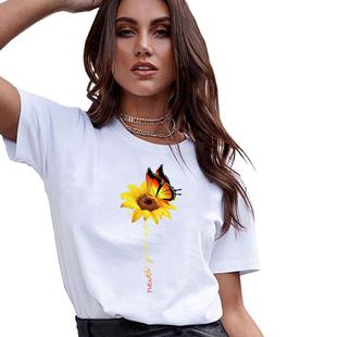 Ladies Round Short Neck Sleeve shirt Pullover Sunflower