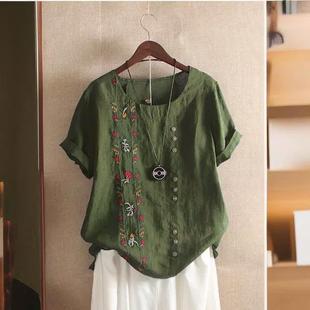 and shirt casual Women loose linen cotton embroidered