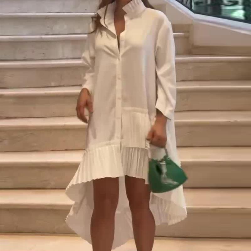 Palace style solid color stand collar pleated hem shirt