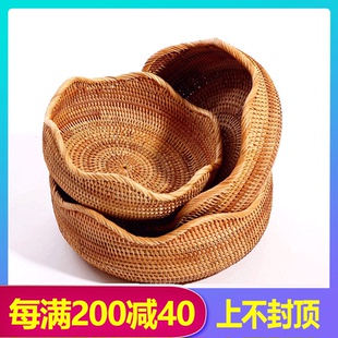桌面收纳干果盘越南手工编织家用客厅零食竹编馒头筐 藤编果盘日式