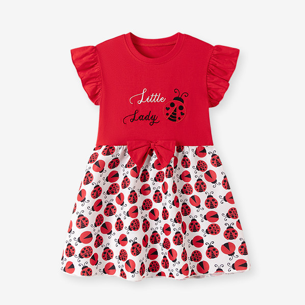 2026夏装女童夏季可爱卡通瓢虫印花连衣裙红色飞飞袖蝴蝶结T恤裙6,童装/婴儿装/亲子装,连衣裙,淘宝优惠券,粉丝福利购,淘宝优惠卷