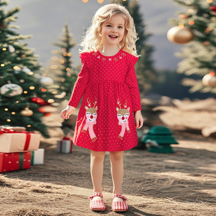 春秋款 2025新款 中小儿童针织公主裙 女童连衣裙长袖 红色圣诞鹿秋装