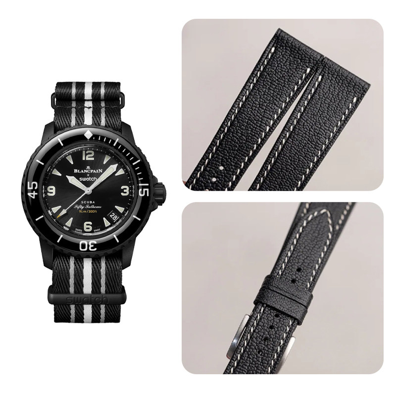 Benchmark 法国进口典雅黑亚麻细纹小牛皮手工缝线表带适配宝珀