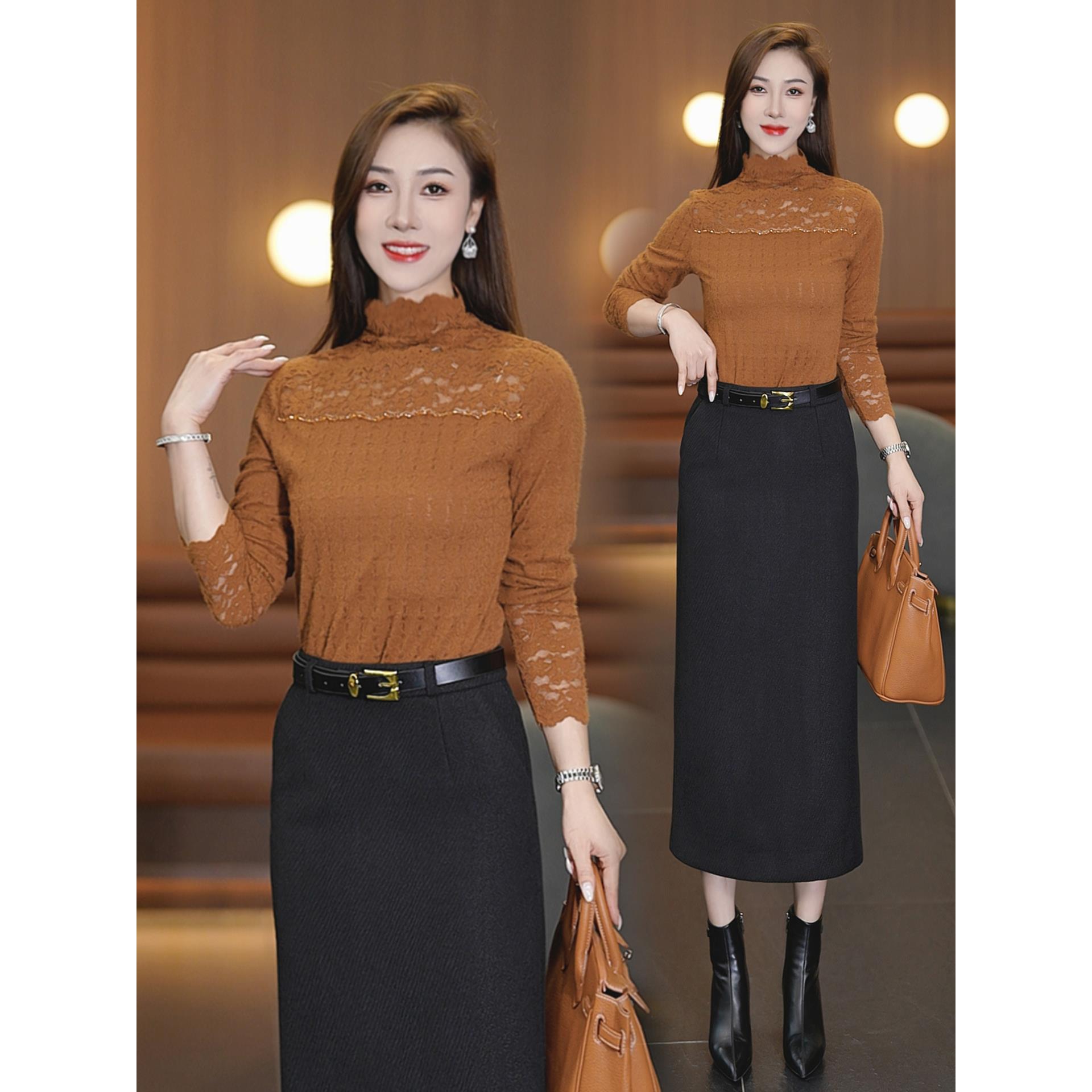 MONLOUVE时尚半高领蕾丝打底衫女2025秋冬新款洋气显瘦百搭长袖内