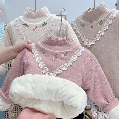 女童高领打底衫2025新款冬装加厚三层夹棉保暖宝宝洋气蚕丝棉上衣