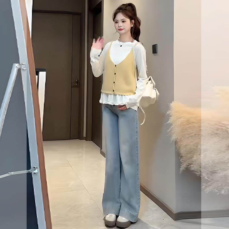 MONLOUVE韩系早秋穿搭一整套气质高级感减龄针织吊带衬衫阔腿牛仔