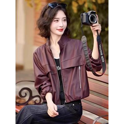 MONLOUVE广州十三行高货安可拉红皮衣外套女高级感小个子短款立领