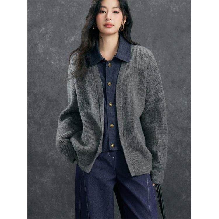 MONLOUVE广州十三行假两件牛仔拼接毛衣秋冬高级感翻领开衫外套女