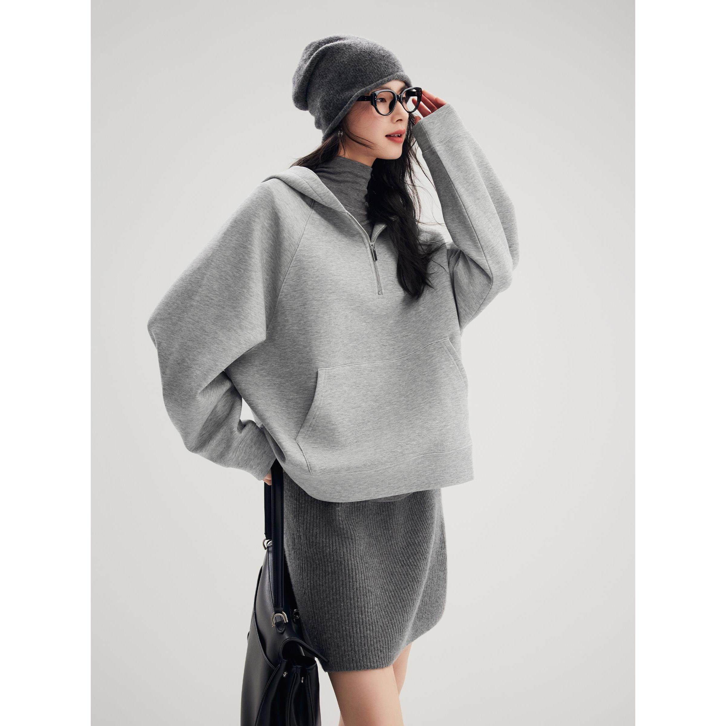 MONLOUVE广州十三行粉色半拉链卫衣女美式复古空气层bf风连帽上衣