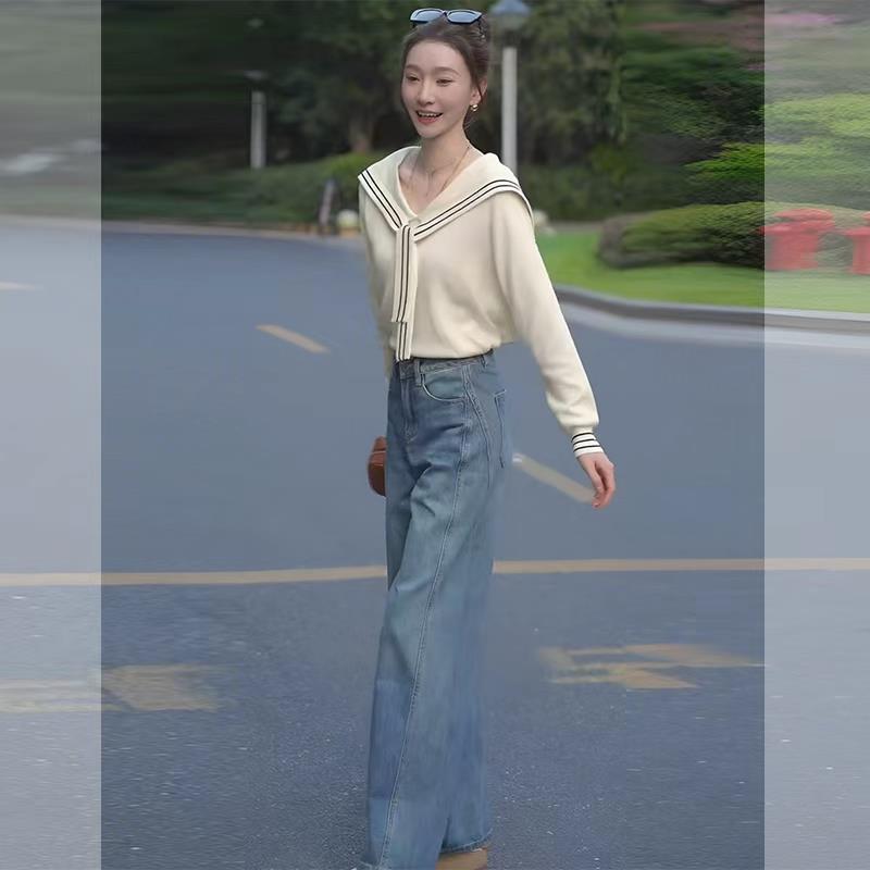 MONLOUVE巨好看的早秋ootd穿搭一整套减龄学院风海军领针织上衣牛