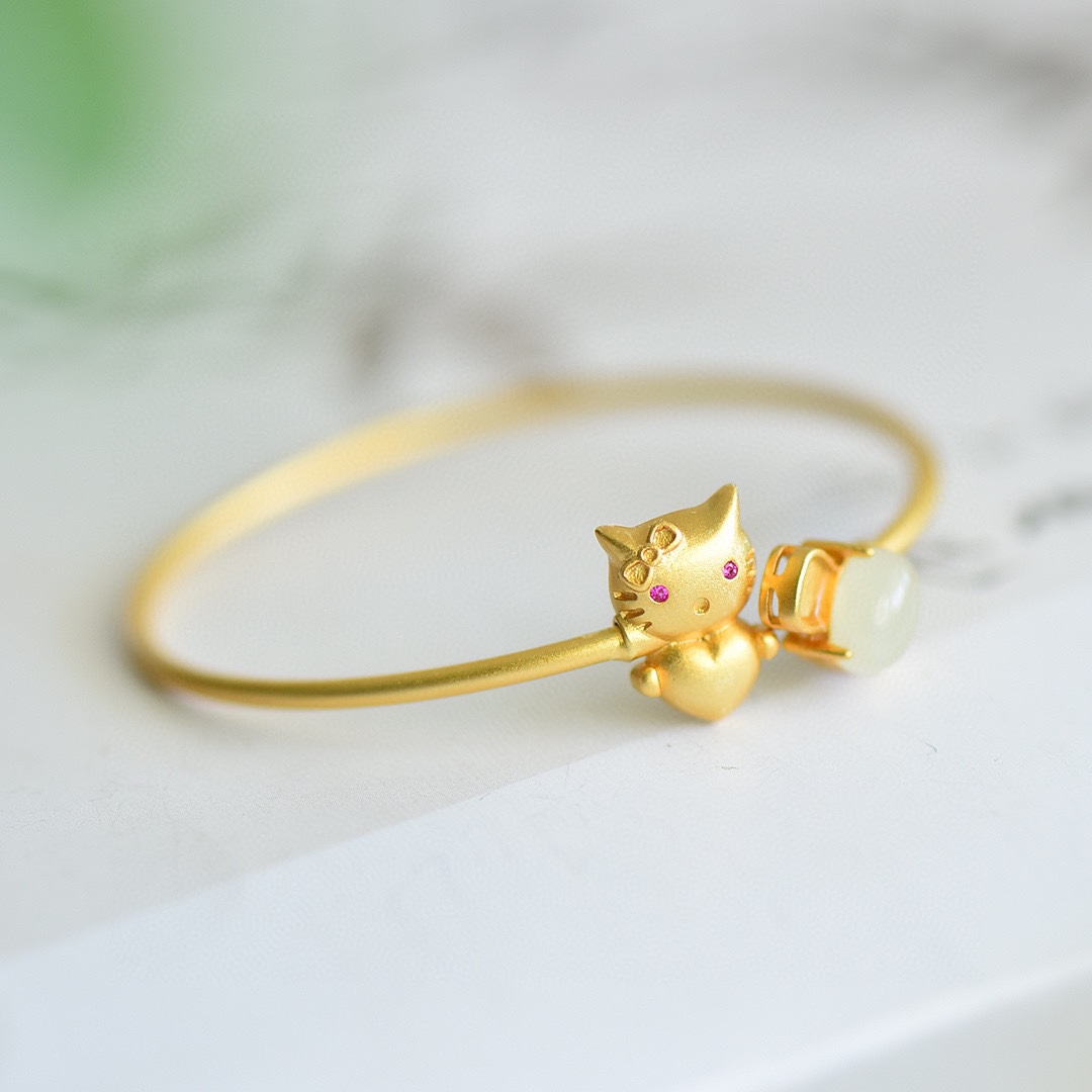 久不掉色古法沙金天然和田玉白玉招财猫福镯手镯玉镯手串配证书