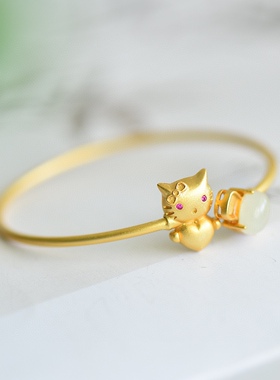 久不掉色古法沙金天然和田玉白玉招财猫福镯手镯玉镯手串配证书