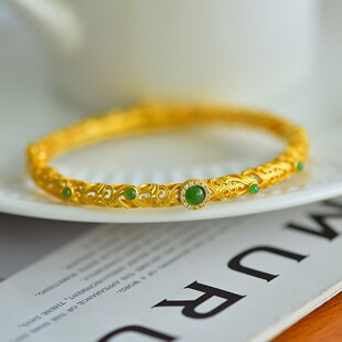 纯银古法金镶和田玉碧玉镂空素圈女款玉手链手环手串镯子配证书
