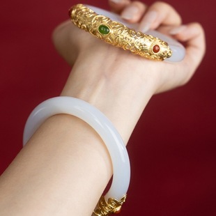 久不掉色古法沙金天然天山翠白月光幸福圆满金镶玉手镯福镯玉镯