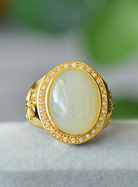 沙金天然和田玉白玉财源滚滚玉戒