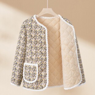 羊驼绒小香风花棉袄加绒外套妈妈女装秋冬2025新款保暖加厚棉衣服