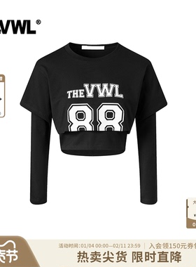 VWL假两件T恤复古高腰长袖修身短款上衣女Sporty chic风