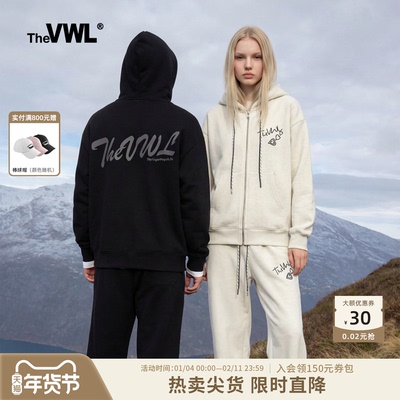 VWL秋冬新款休闲卫衣卫裤男女同款植绒运动连帽加绒弯刀裤套装