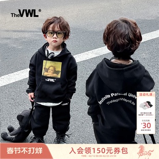 VWL学院风童装春秋款连帽卫衣卫裤套装小天使印花男童女童束脚裤