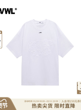 VWL胸前立体印花短袖T恤 圆领白色甜酷潮男女士同款