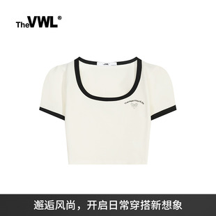 短款 VWL辣妹U领短袖 高腰修身 T恤美式 复古上衣女夏季