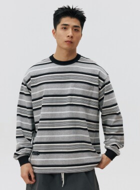 NESSTTU 26SS春夏新品日系休闲复古百搭宽松纯棉口袋条纹长袖T恤