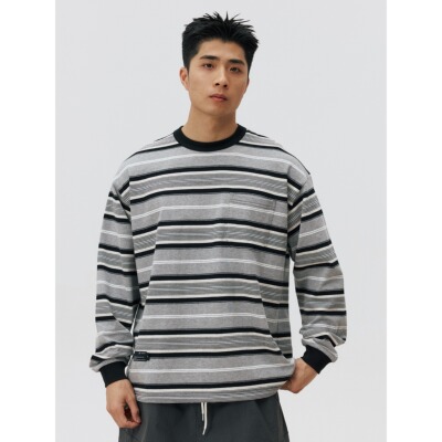 NESSTTU 26SS春夏新品日系休闲复古百搭宽松纯棉口袋条纹长袖T恤