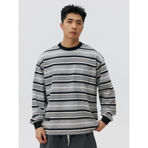 NESSTTU 26SS春夏新品日系休闲复古百搭宽松纯棉口袋条纹长袖T恤