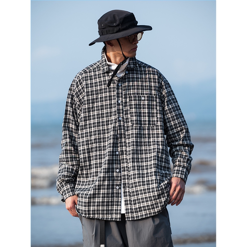 NICETTU 新款日系复古百搭格纹口袋衬衣宽松休闲格子衬衫外套