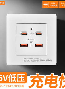 86型36V工地学校专用双USB快充插座面板typec快充15W手机充电面板
