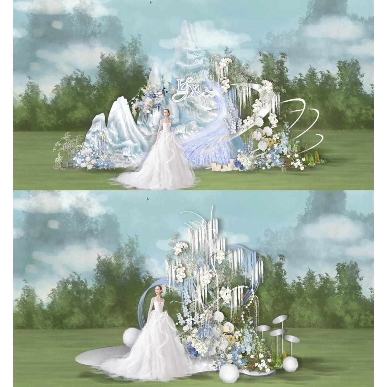 0088雪山蓝白户外婚礼效果图psd源文件婚礼纸艺素材蓝色婚礼效果