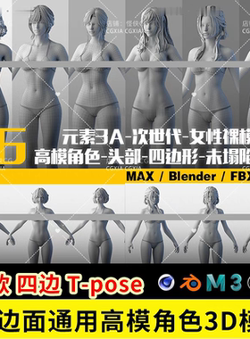 6组四边面通用女性人物角色高模女性T-pose裸模次世代3D模型