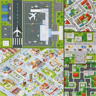 俯视建筑街景地图矢量素材街区住宅大院房屋村落机场候机楼ai图库