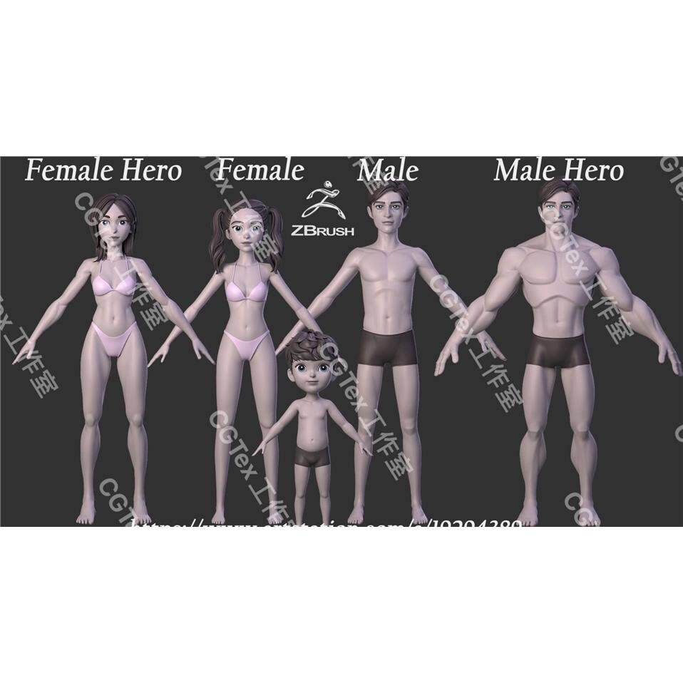 zbrush风格化卡通家庭人物角色3D基础模型zb雕刻人体白模OBJ FBX