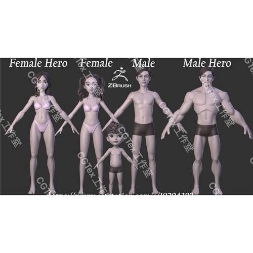 zbrush风格化卡通家庭人物角色3D基础模型zb雕刻人体白模OBJ FBX