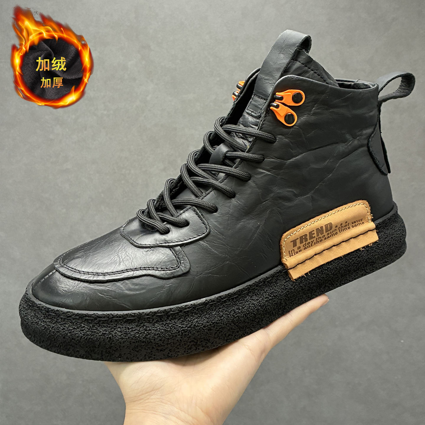 高端男士2025冬季新款高帮男鞋加绒加厚软皮短靴潮流百搭真皮板鞋