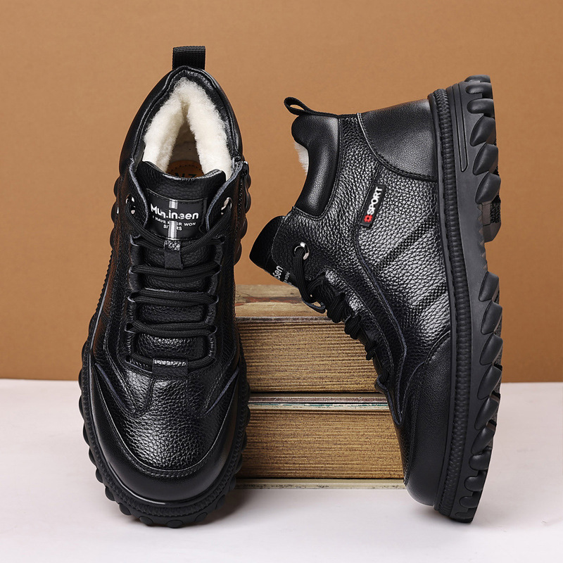 高档男士2025冬季新款头层牛皮棉鞋羊皮毛一体保暖高帮休闲皮鞋