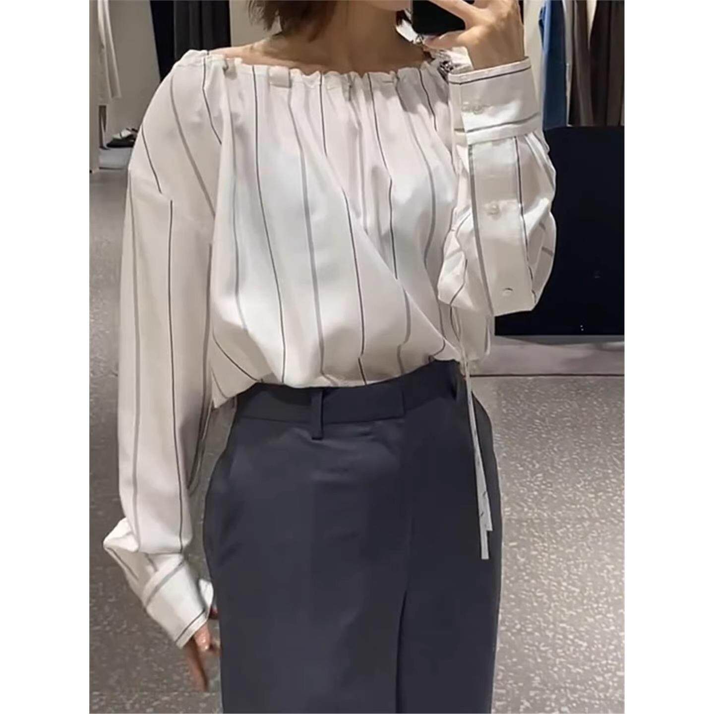 MONLOUVE折扣店韩版时尚气质百搭显瘦简约条纹衬衫女秋季白色长袖