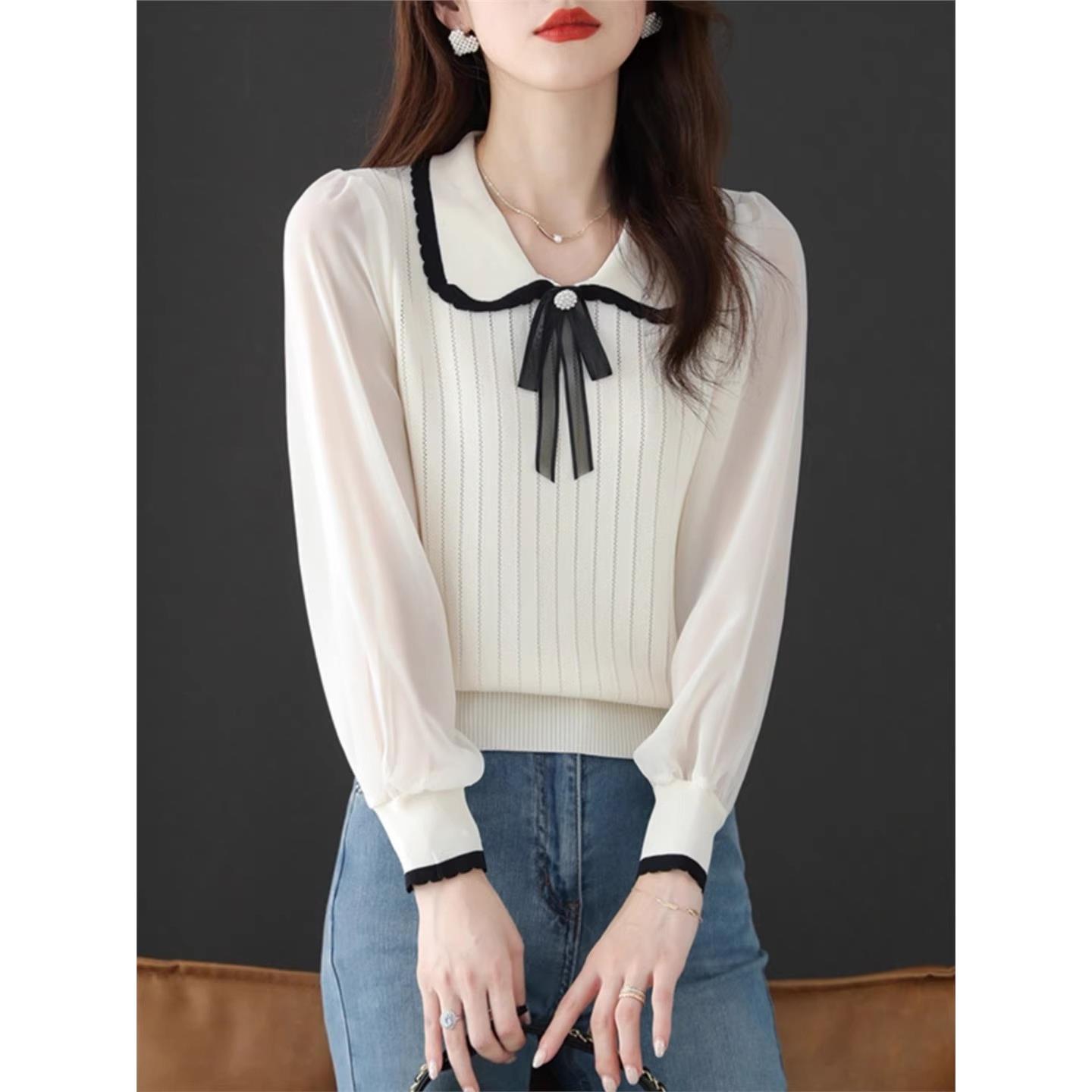 MONLOUVE折扣店假两件上衣女洋气针织打底衫春秋季娃娃领拼接衬衫