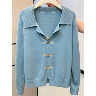 MONLOUVE折扣店撤柜秋冬季新款孔雀蓝针织开衫小香风毛衣