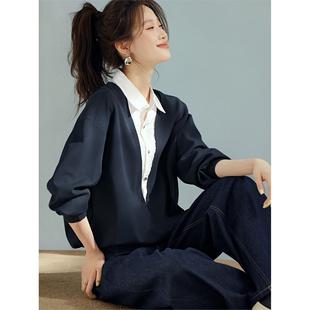 MONLOUVE折扣店都市启示录秋款都市休闲撞色拼接假两件长袖衬衫领