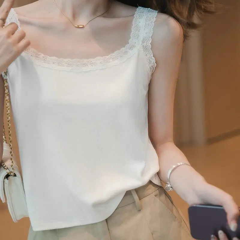 蕾丝吊带背心女夏新款宽松大码螺纹冰丝棉内搭外穿遮肚子打底上衣