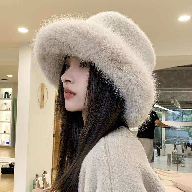 秋冬仿貂绒蒙古帽子女高级感贵妇风貂毛渔夫帽大沿保暖加厚护耳帽