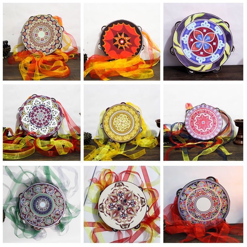 维吾族手鼓维吾尔族舞蹈铃鼓敦煌井藻图案手持鼓热卖8寸图案可定