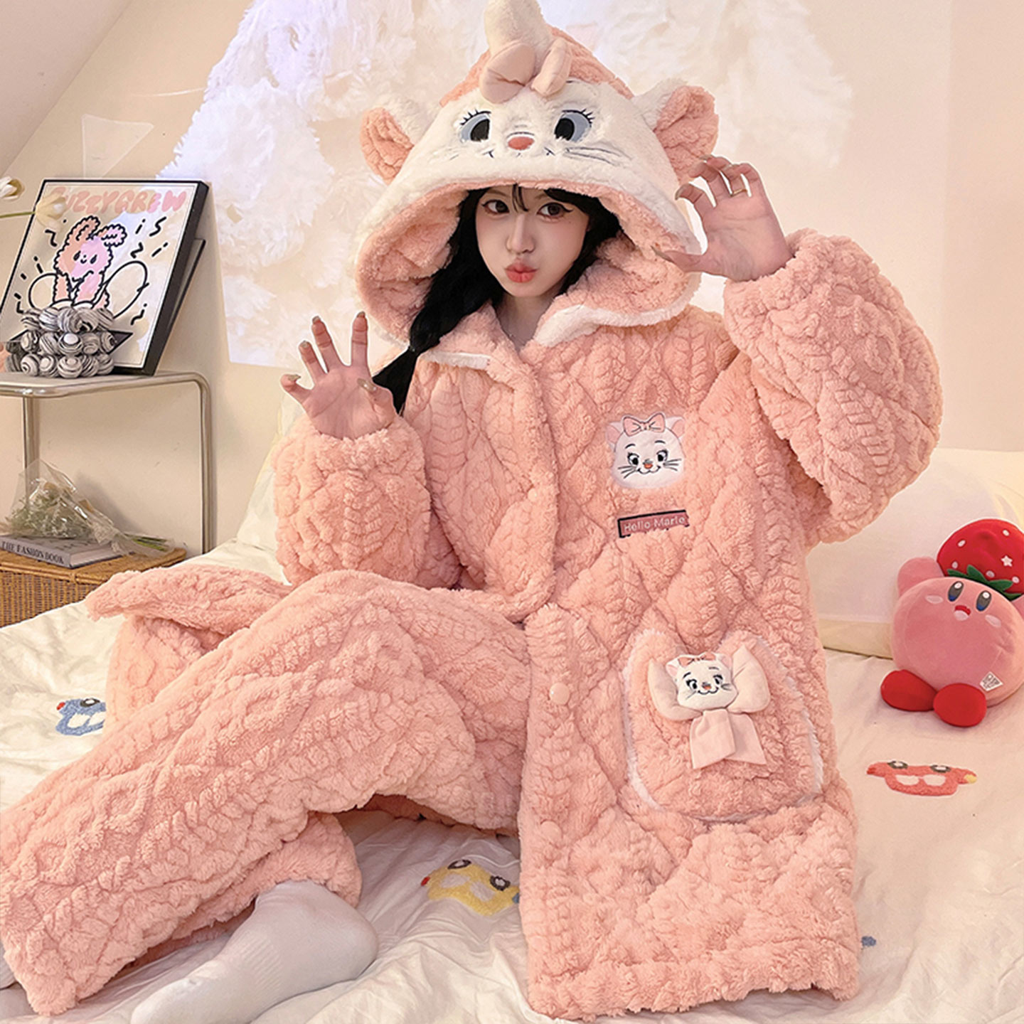 女冬季三层夹棉连帽玛丽猫睡袍