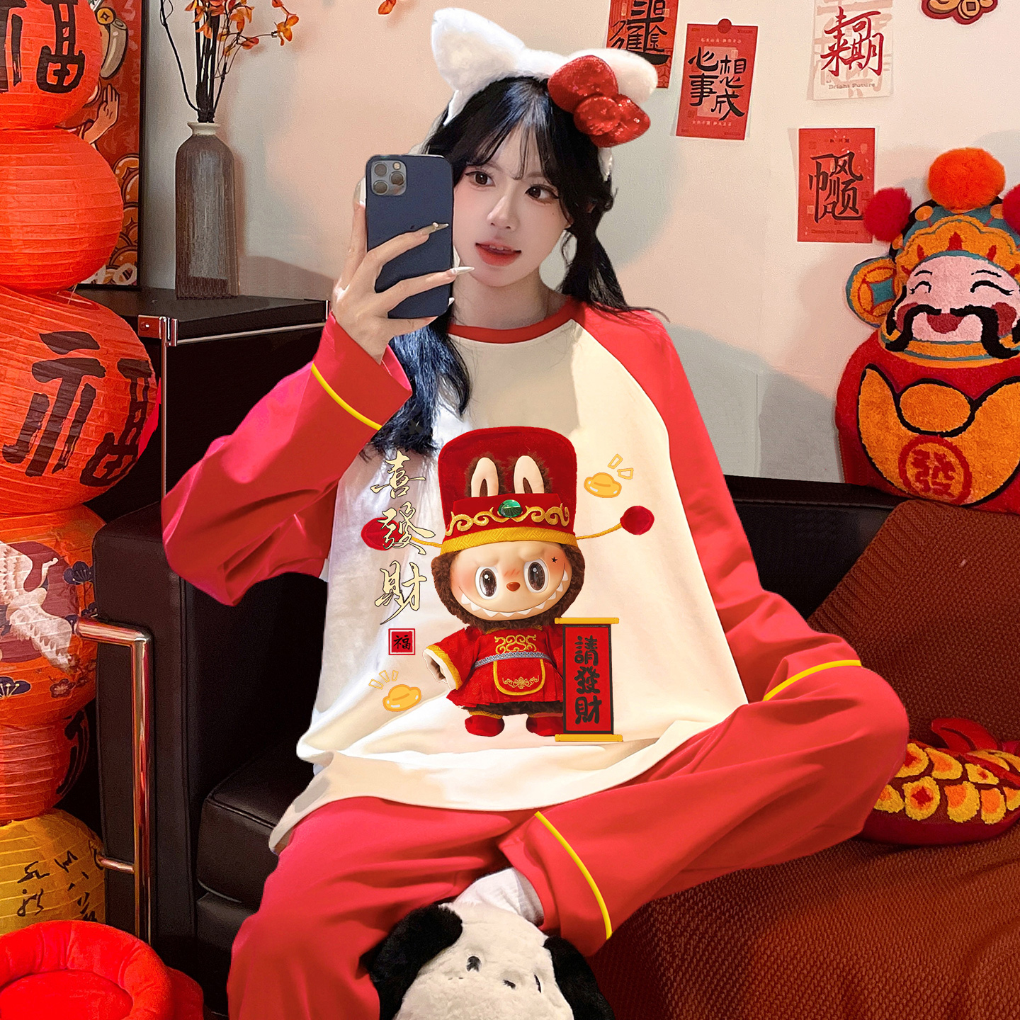 女款春秋季长袖纯棉拉布布家居服