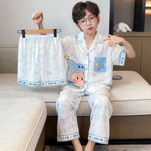 儿童睡衣男童冰丝短袖薄款夏季中大童星星人男孩宝宝青少年家居服