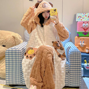 天家居服 珊瑚绒加绒加厚卡皮巴拉睡衣女秋冬季 2025年新款 睡袍套装