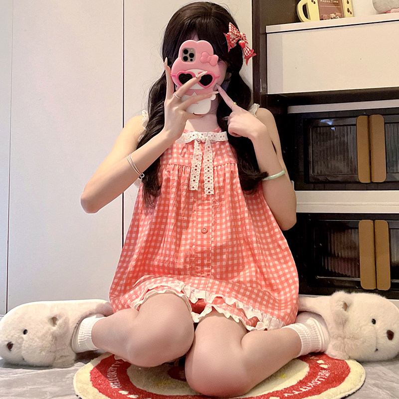 睡衣女大童夏蚕丝棉背心短裤薄款